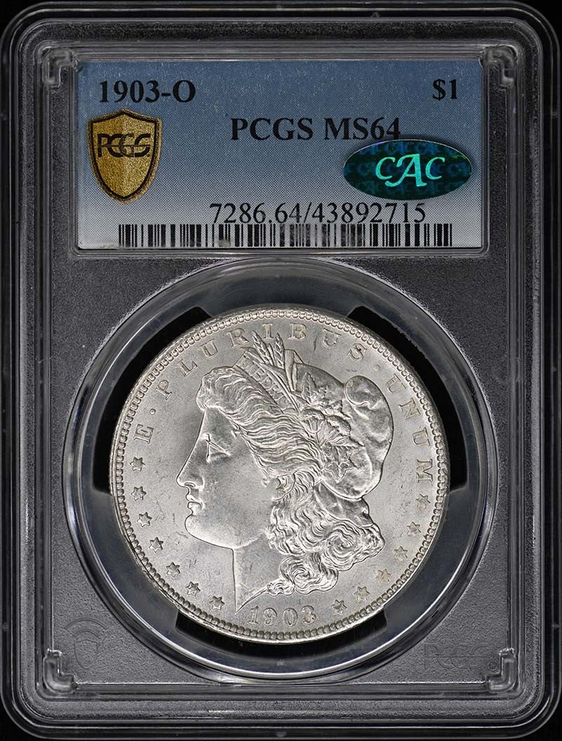 1903-O Morgan Dollar PCGS MS64 CAC: 1903-O Morgan Dollar PCGS MS64 CAC This 1903-O Morgan Dollar is graded MS64 by PCGS and features a CAC sticker, indicating its premium quality for the grade. Struck in New Orleans, this uncirculated c