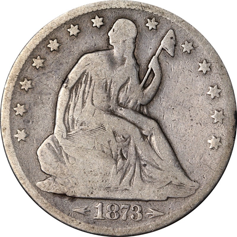 1873 Philadelphia Seated Liberty Half Dollar Silver Coin: 1873 Philadelphia Seated Liberty Half Dollar Silver Coin This is an 1873-P Seated Half Dollar from the United States, composed of 90% silver. The coin is circulated and uncertified, making it a collec