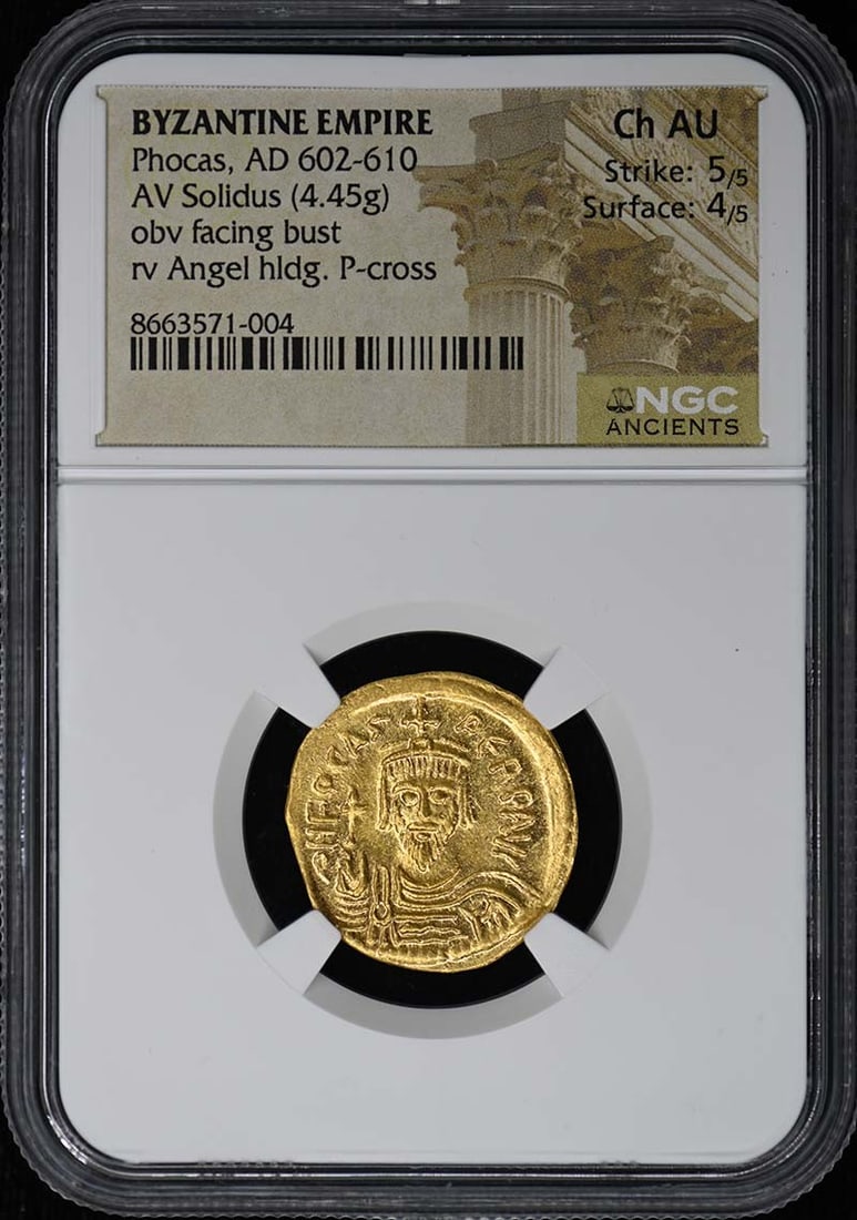Byzantine Empire Phocas AV Solidus NGC Ch AU: Byzantine Empire Phocas AV Solidus NGC Ch AU This is a Byzantine Empire AV Solidus coin from the reign of Phocas, dating from AD 602-610. The coin has been certified by NGC with a grade of Choice Abou