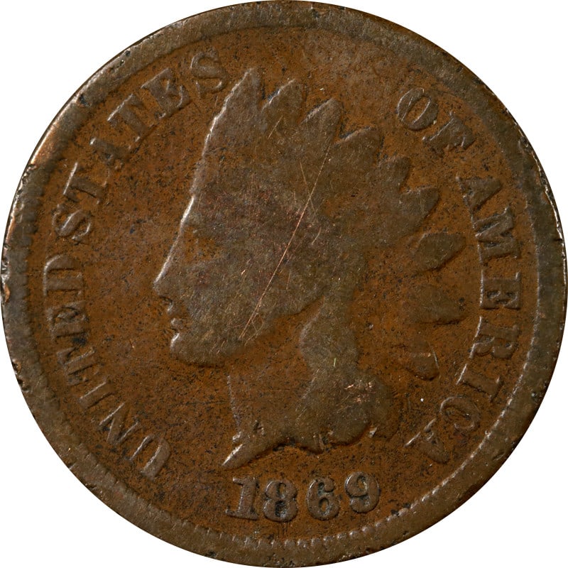 1869 United States Indian Head Cent Copper Coin: 1869 United States Indian Head Cent Copper Coin This 1869 Indian Cent is a circulated coin composed of copper and originates from the United States. It is an uncertified, pre-owned collectible from th