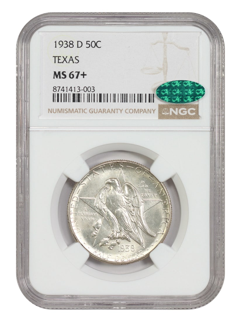 1938-D Texas 50C NGC CAC MS67+ Silver Commemorative: 1938-D Texas 50C NGC CAC MS67+ Silver Commemorative This 1938-D Texas 50-cent silver commemorative coin marks the 100th anniversary of Texas independence. With an ultra-low mintage of only 3,775 coins