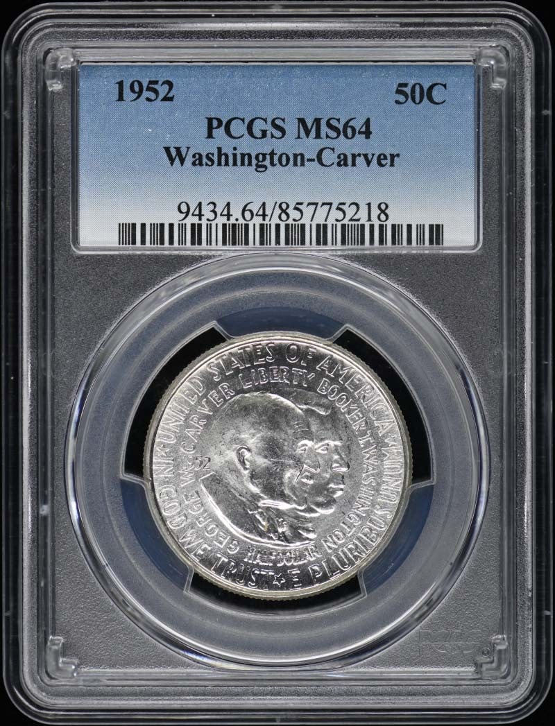 1952 Washington Carver Half Dollar Silver PCGS Certified MS64: 1952 Washington Carver Half Dollar Silver PCGS Certified MS64 This is a 1952 Washington-Carver 50-cent silver commemorative coin, graded MS64 and certified by PCGS. Struck at the Philadelphia Mint, th
