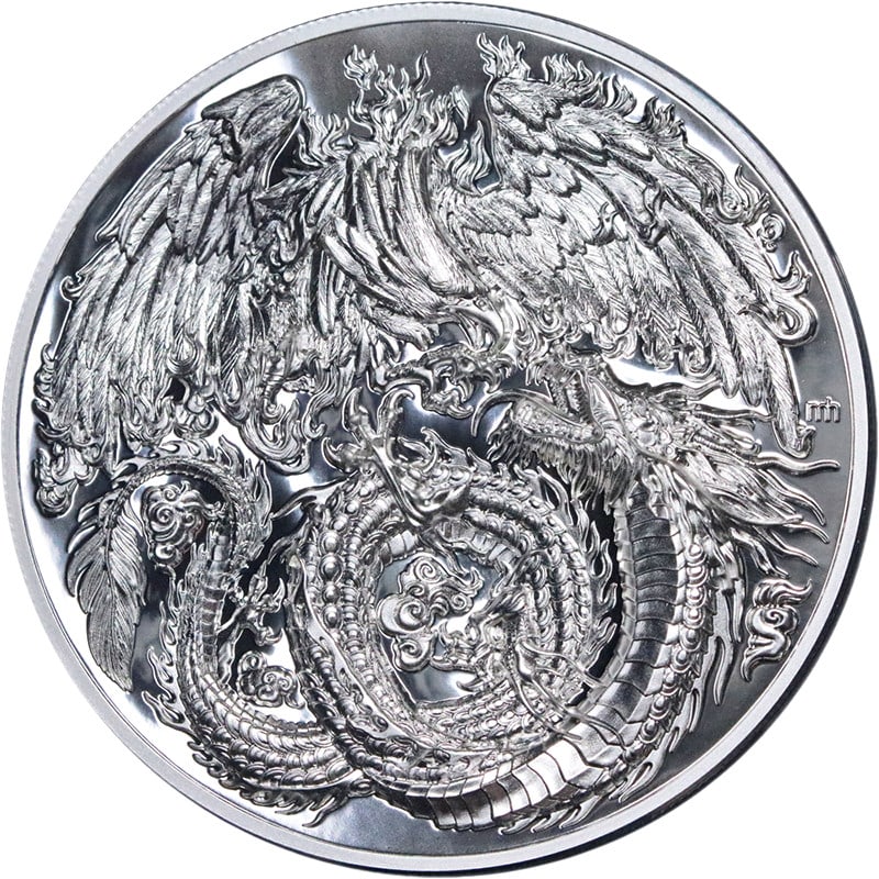 2025 Niue 2 Oz Silver $5 Phoenix Dragon Coin Uncirculated: 2025 Niue 2 Oz Silver $5 Phoenix Dragon Coin Uncirculated This stunning 2025 Niue 2 Ounce Silver $5 coin features the captivating Phoenix and Dragon design, showcasing superb eye appeal with fantastic
