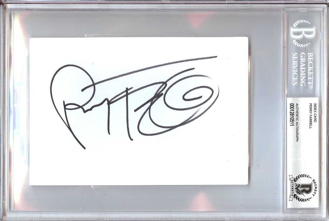 Perry Farrell Autographed 4X6 Index Card Jane's Addiction Beckett Certified: Perry Farrell Autographed 4X6 Index Card Jane's Addiction Beckett Certified This is an original Perry Farrell autographed 4X6 index card, featuring the signature of the Jane's Addiction frontman. The 