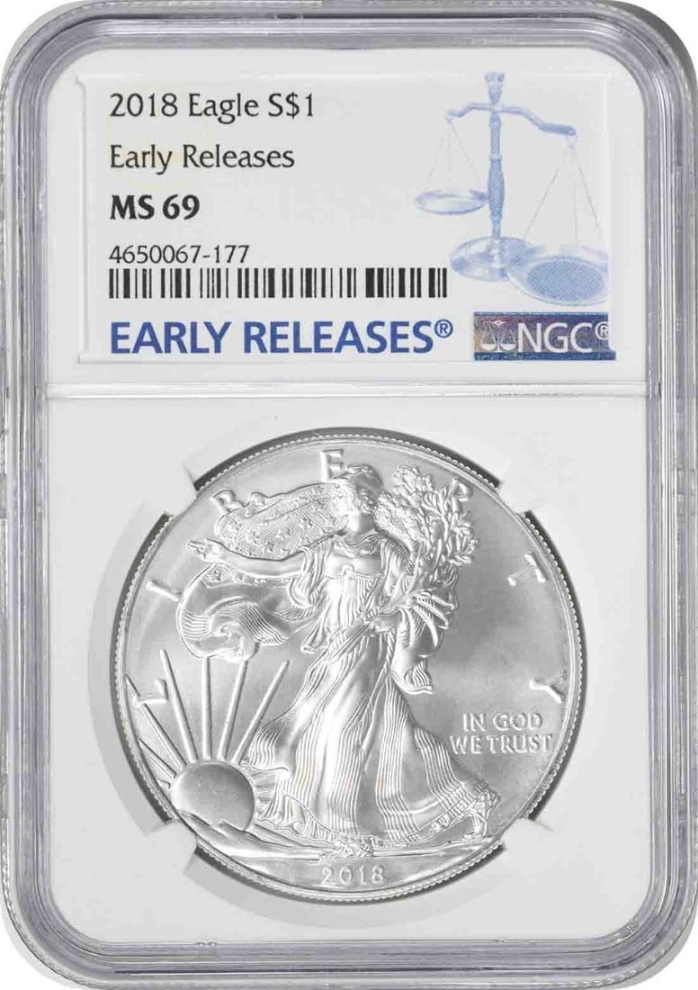 2018 American Silver Eagle Dollar NGC MS69 Early Releases: 2018 American Silver Eagle Dollar NGC MS69 Early Releases This is a 2018 American Silver Eagle $1 coin with a grade of MS69, certified as an Early Release by NGC. Struck by the U.S. Mint, it is compos