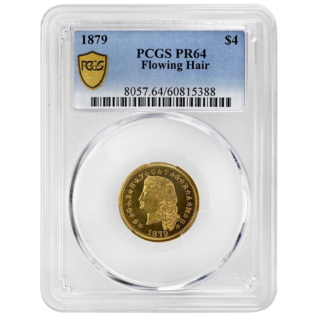 PCGS PR64 1879 Flowing Hair Stella $4 Gold Proof Coin: PCGS PR64 1879 Flowing Hair Stella $4 Gold Proof Coin This is an 1879 $4 Flowing Hair Stella gold coin, graded PR64 by PCGS. Featuring the Type 1 Flowing Hair design, this rare proof coin was struck i