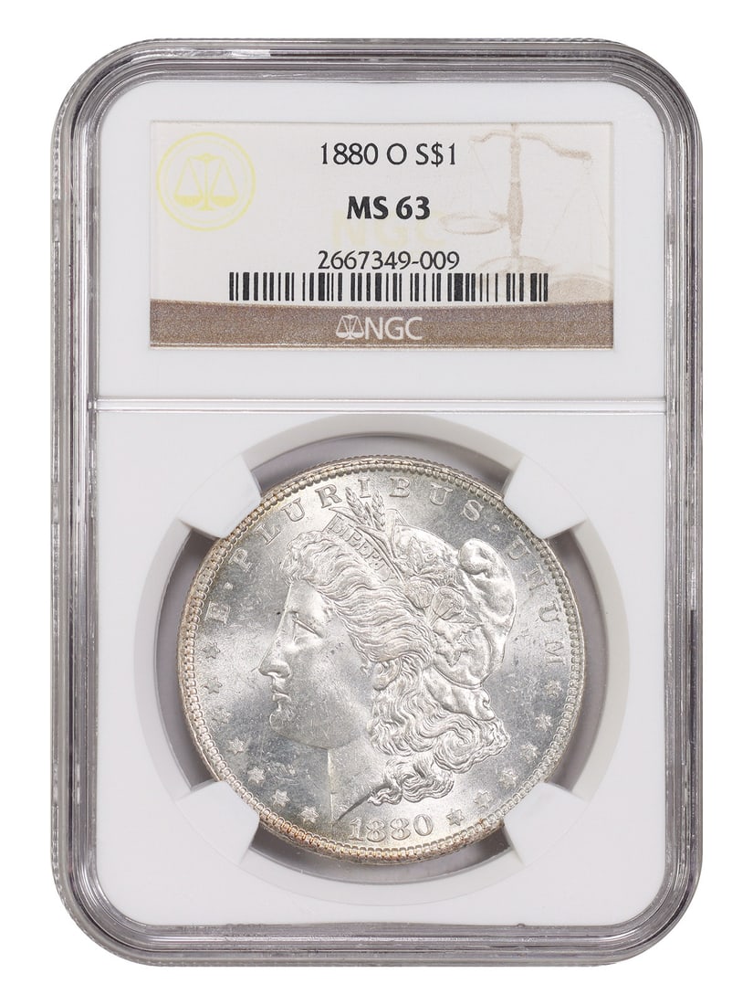 1880 O Morgan Dollar NGC MS63 New Orleans Mint: 1880 O Morgan Dollar NGC MS63 New Orleans Mint This 1880-O Morgan Dollar is graded MS63 by NGC and is an uncirculated example from the New Orleans Mint. While over 5 million were minted, high-grade ex