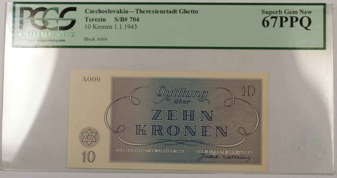 PCGS PPQ 67 Uncirculated 1943 Theresienstadt 10 Kronen Czechoslovakia Note: PCGS PPQ 67 Uncirculated 1943 Theresienstadt 10 Kronen Czechoslovakia Note This is a 10 Kronen banknote issued on January 1, 1943, for the Theresienstadt (Terezin) Ghetto in Czechoslovakia. The note i
