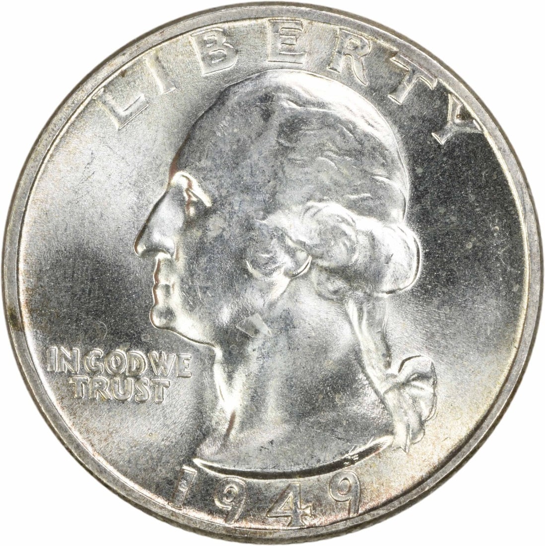 1949 Silver Washington Quarter Choice BU Plus Uncertified: 1949 Silver Washington Quarter Choice BU Plus Uncertified This is a 1949 Washington Quarter composed of silver, graded as Choice Brilliant Uncirculated Plus (BU+). The coin is uncirculated and origina