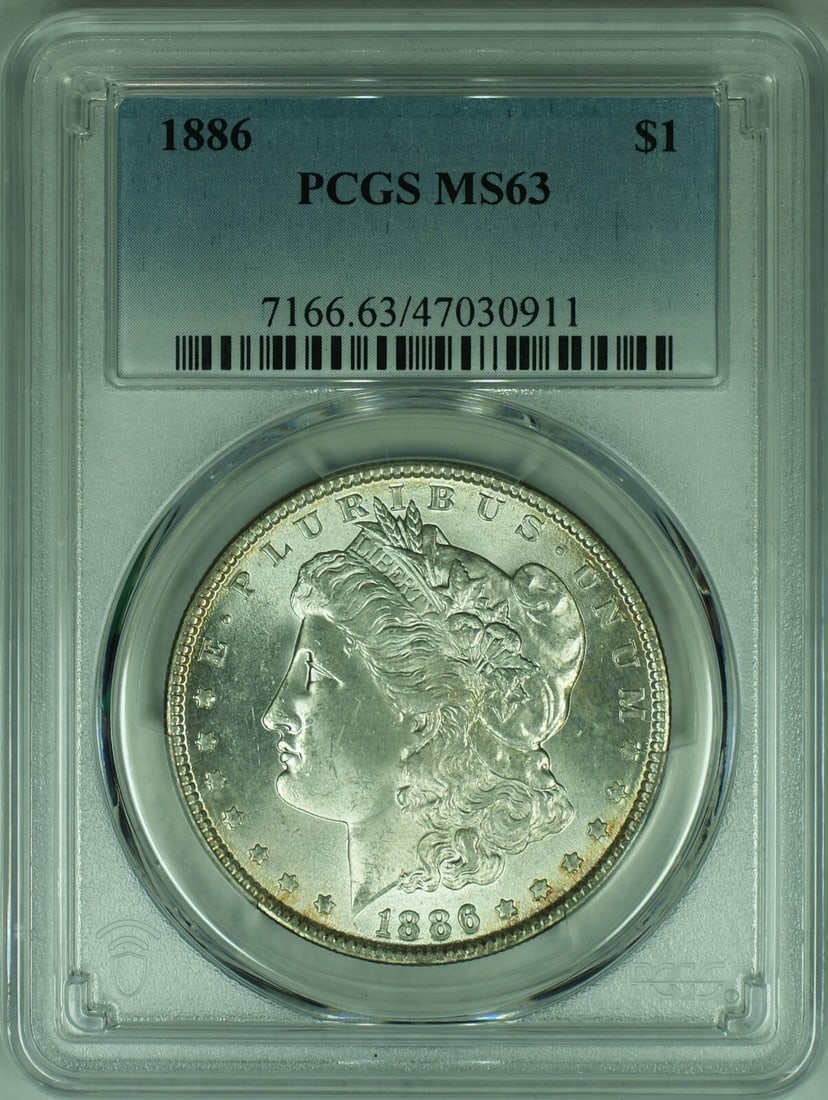 PCGS MS-63 1886 Silver Morgan Dollar Philadelphia Mint Certified Coin: PCGS MS-63 1886 Silver Morgan Dollar Philadelphia Mint Certified Coin This 1886 Morgan Silver Dollar coin is certified by PCGS with a grade of MS-63, indicating an uncirculated condition. Minted in Ph