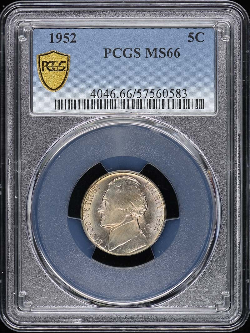 1952 Jefferson Nickel PCGS MS66 Uncirculated Philadelphia Mint: 1952 Jefferson Nickel PCGS MS66 Uncirculated Philadelphia Mint This 1952 5C Jefferson Nickel, certified by PCGS with a grade of MS66, is a remarkable example of numismatic excellence. Minted in Philad
