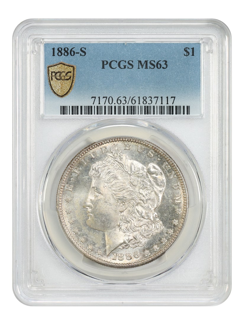 1886-S Morgan Dollar PCGS MS63 San Francisco Mint: 1886-S Morgan Dollar PCGS MS63 San Francisco Mint This 1886 Morgan Dollar was minted in San Francisco and is graded MS63 by PCGS. With a limited mintage of only 750,000 coins, this S-Mint issue is a n