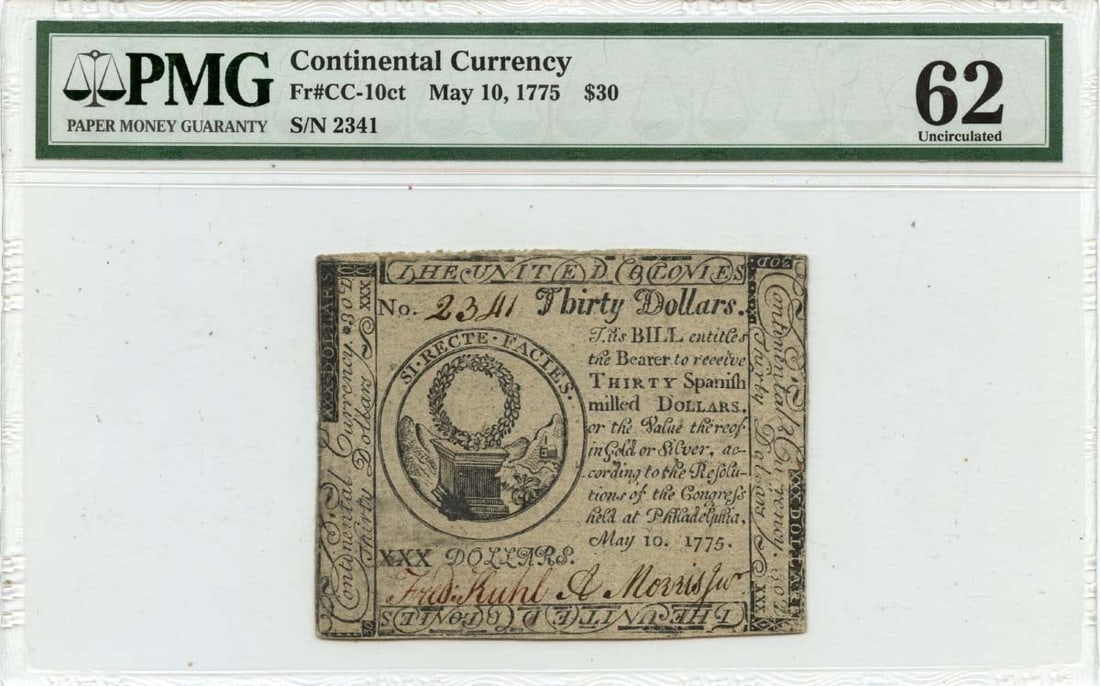 1775 Continental Currency $30 PMG CU63 CU62 Uncirculated Pair: 1775 Continental Currency $30 PMG CU63 CU62 Uncirculated Pair This listing features a pair of $30 Continental Currency notes dated May 10, 1775, graded by PMG with a certification number of 1995891005
