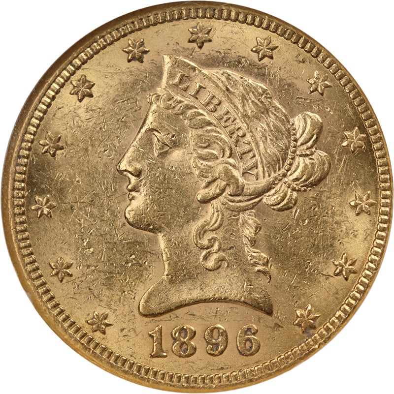 1896-S $10 Liberty Gold Eagle NGC AU58: 1896-S $10 Liberty Gold Eagle NGC AU58 This 1896-S Liberty Gold $10 coin has been graded AU58 by NGC. It features attractive luster, strong strike, and impressive eye appeal with bright, fresh surface