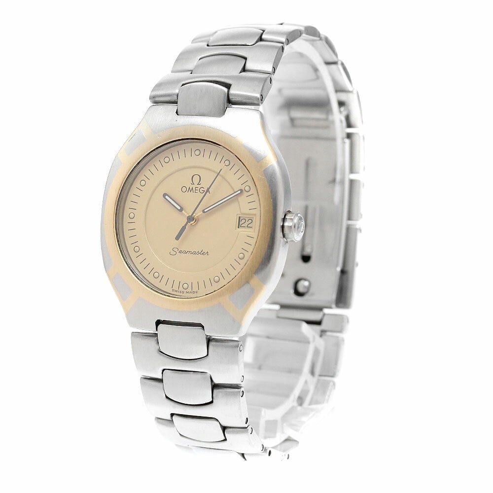 OMEGA Seamaster Polaris quartz date wristwatch: OMEGA Seamaster Polaris quartz date wristwatch This OMEGA Seamaster Polaris Date Quartz men's wristwatch features a stainless steel and yellow gold case paired with a stainless steel band. The watch h