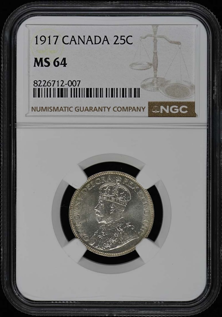 1917 Canada 25-Cent Coin NGC MS64 Uncirculated: 1917 Canada 25-Cent Coin NGC MS64 Uncirculated This 1917 Canada 25 Cent coin is graded MS64 by NGC, indicating it is in uncirculated condition. The coin is certified with the number 8226712007, ensuri