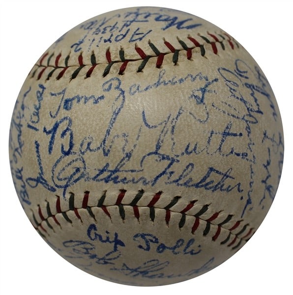 1930 Yankees Team Baseball Signed by 34 Including Ruth Gehrig JSA Authenticated: 1930 Yankees Team Baseball Signed by 34 Including Ruth Gehrig JSA Authenticated This is an original 1930 New York Yankees team-signed baseball, featuring 34 signatures including Hall of Famers Babe Ru