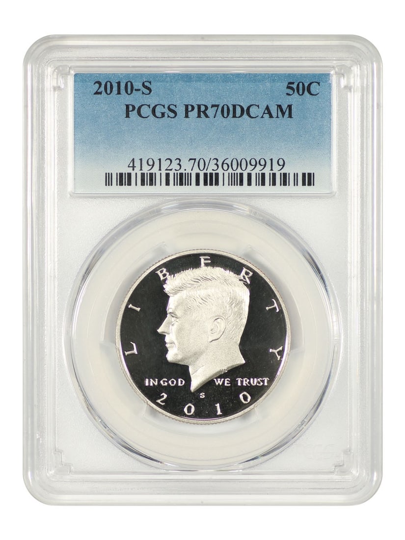 2010-S Kennedy Half Dollar PCGS PR70DCAM Uncirculated: 2010-S Kennedy Half Dollar PCGS PR70DCAM Uncirculated This stunning 2010-S Kennedy Half Dollar is certified by PCGS with a perfect grade of PR70DCAM, indicating its brilliant, deep cameo finish. The c