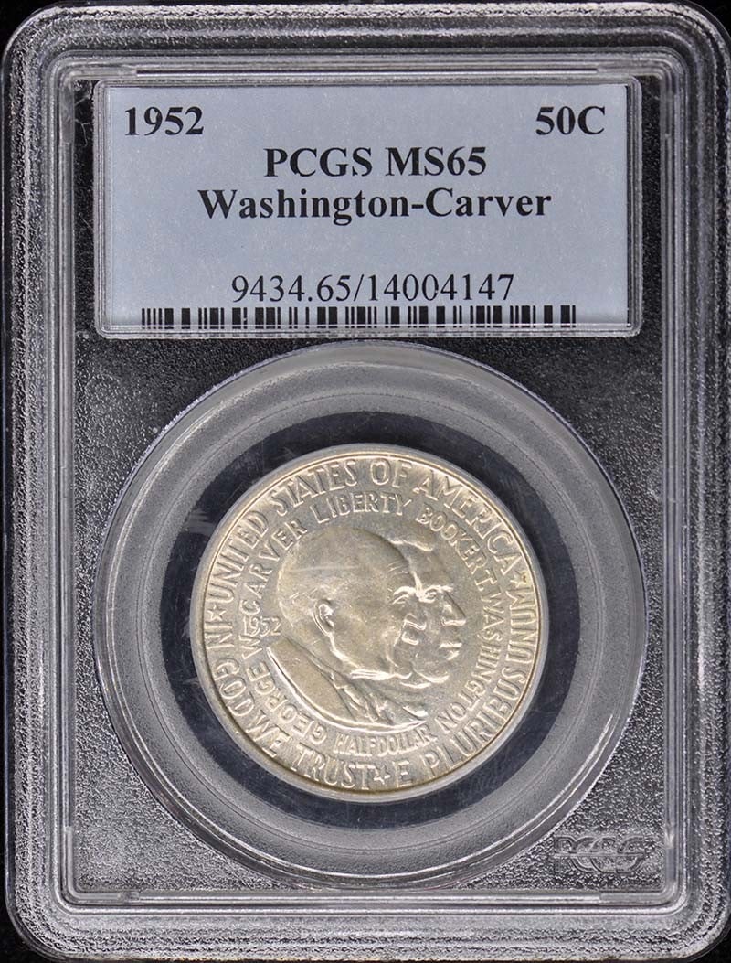 1952 Washington Carver Silver Half Dollar PCGS MS65 Philadelphia: 1952 Washington Carver Silver Half Dollar PCGS MS65 Philadelphia This 1952 Washington-Carver 50-cent silver commemorative coin is graded MS65 by PCGS. It was minted in Philadelphia and remains in unci