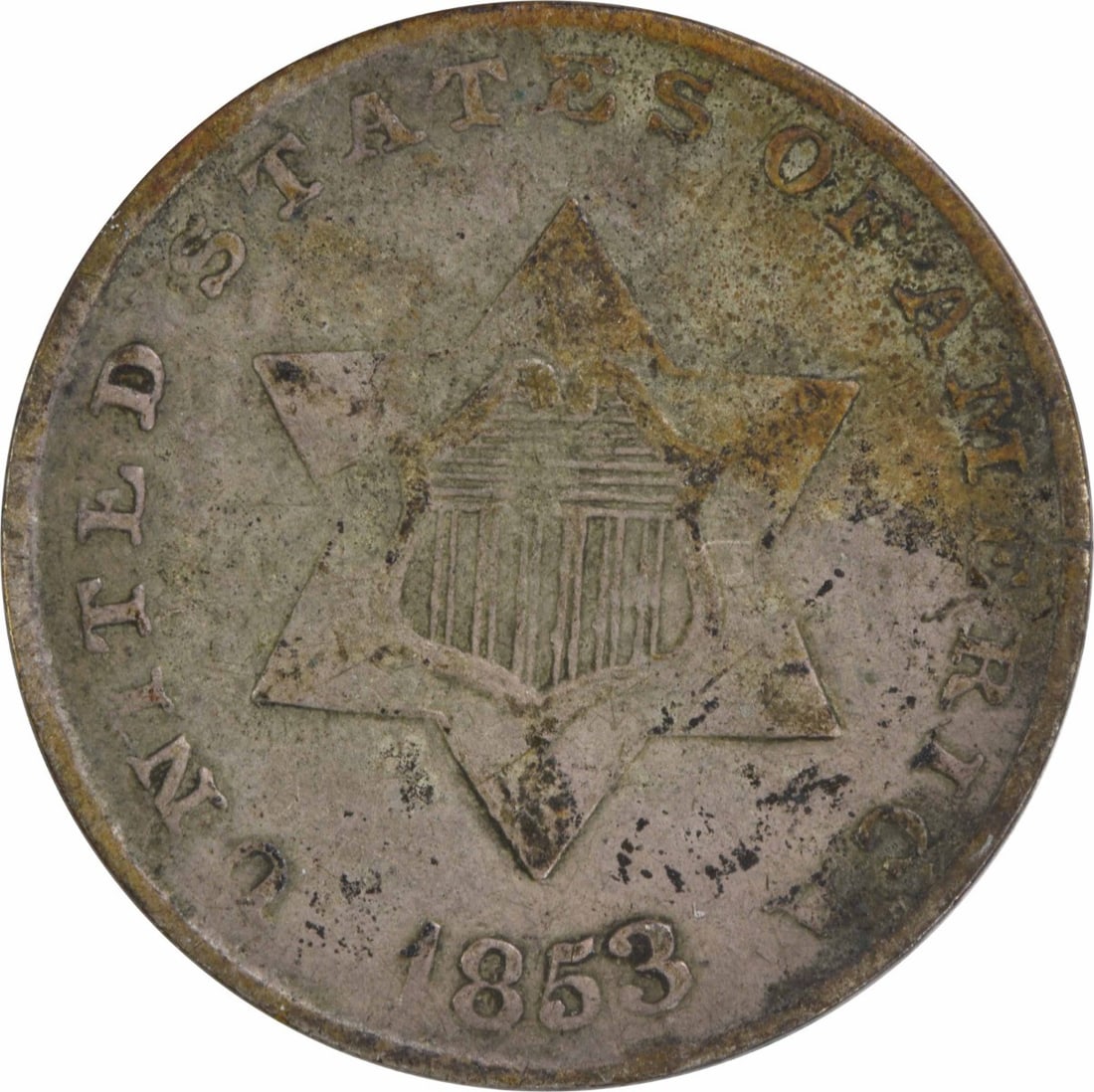 1853 Three Cent Silver Coin Uncertified F Grade US Mint: 1853 Three Cent Silver Coin Uncertified F Grade US Mint This 1853 Three Cent Silver coin, featuring the design of James Barton Longacre, is a remarkable piece of American numismatic history. Minted in