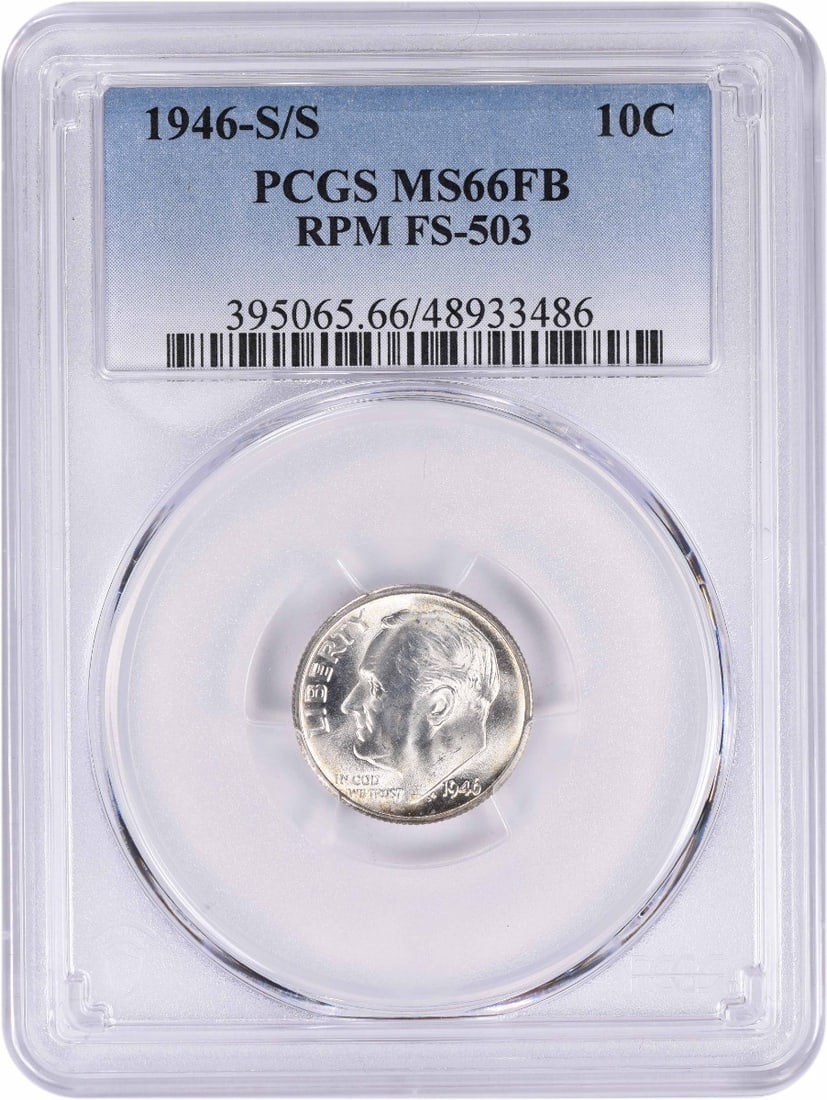 PCGS MS66FB 1946-S Roosevelt dime RPM FS-503 silver: PCGS MS66FB 1946-S Roosevelt dime RPM FS-503 silver This is a 1946 Roosevelt Dime featuring a repunched mint mark (RPM FS-503), graded MS66FB by PCGS. The coin is composed of silver and is uncirculate