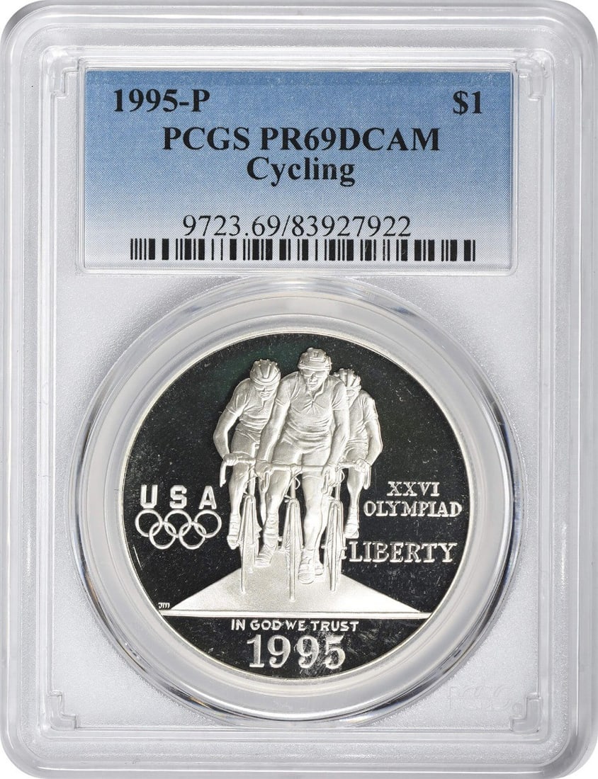 1995 P Olympic Cycling Silver Dollar PCGS PR69DCAM: 1995 P Olympic Cycling Silver Dollar PCGS PR69DCAM This is a 1995-P Cycling Olympic Silver Commemorative Dollar, issued by the United States to honor the Olympic Games. The coin is composed of silver 