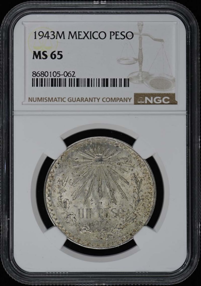 Mexico 1943M Peso NGC MS65: Mexico 1943M Peso NGC MS65 This is a 1943 Mexico Peso coin that has been certified by NGC with a grade of MS65. The coin is uncirculated and originates from Mexico. It is a pre-owned item. Specificati
