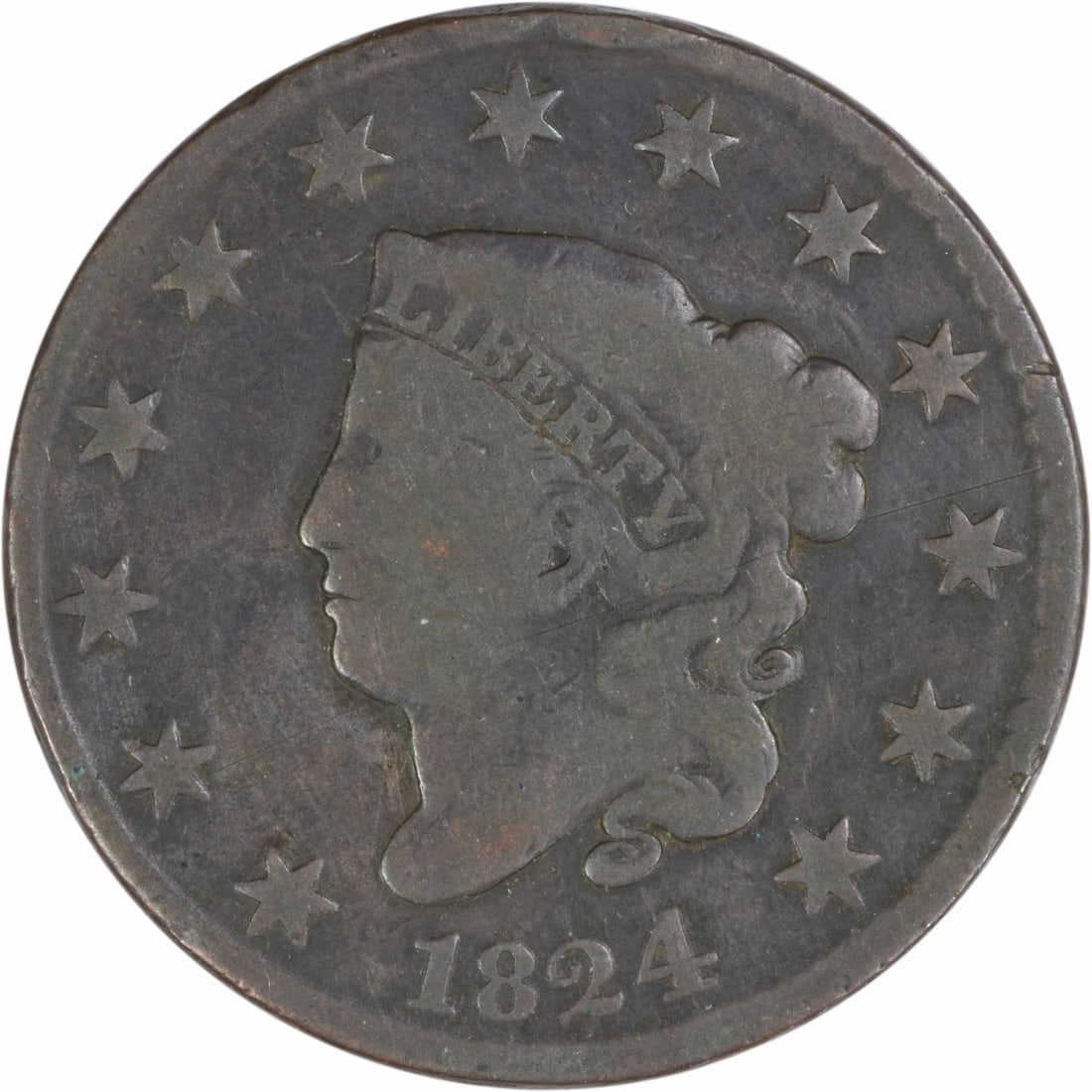 1824 Coronet Head Large Cent VG Grade Uncertified Copper Coin: 1824 Coronet Head Large Cent VG Grade Uncertified Copper Coin This 1824 Coronet Head Large Cent is a circulated coin from the United States, minted in Philadelphia. Designed by Robert Scot, it is comp