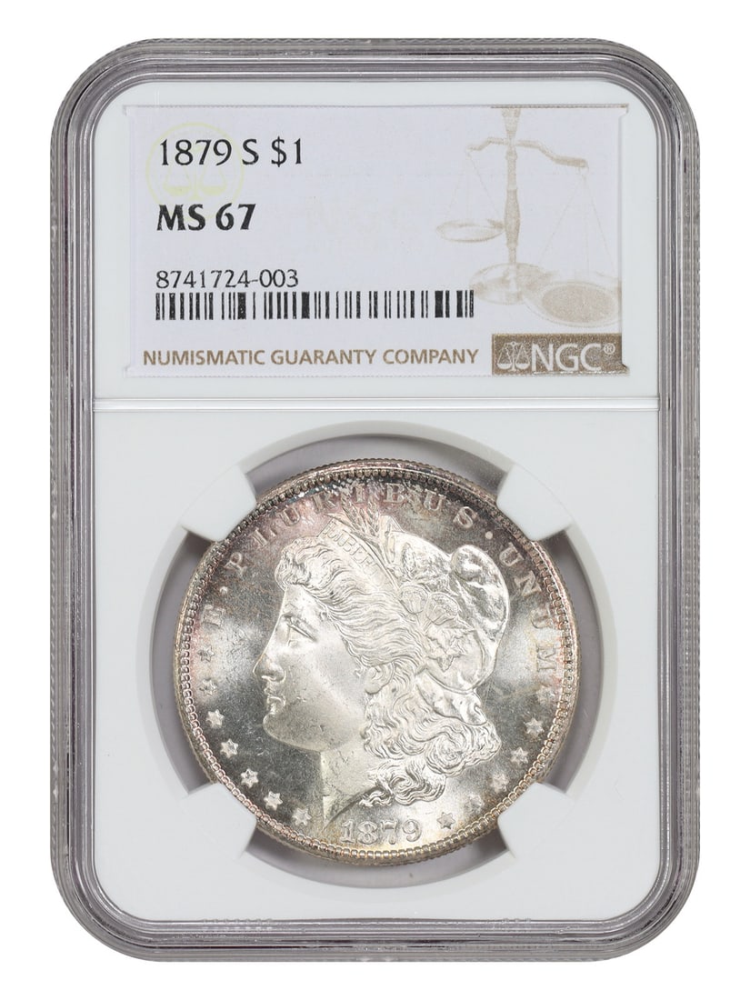NGC MS67 1879 San Francisco Morgan Silver Dollar: NGC MS67 1879 San Francisco Morgan Silver Dollar This 1879-S Morgan Dollar is graded MS67 by NGC and remains uncirculated. Minted in San Francisco, this coin is part of the popular Morgan Dollar serie