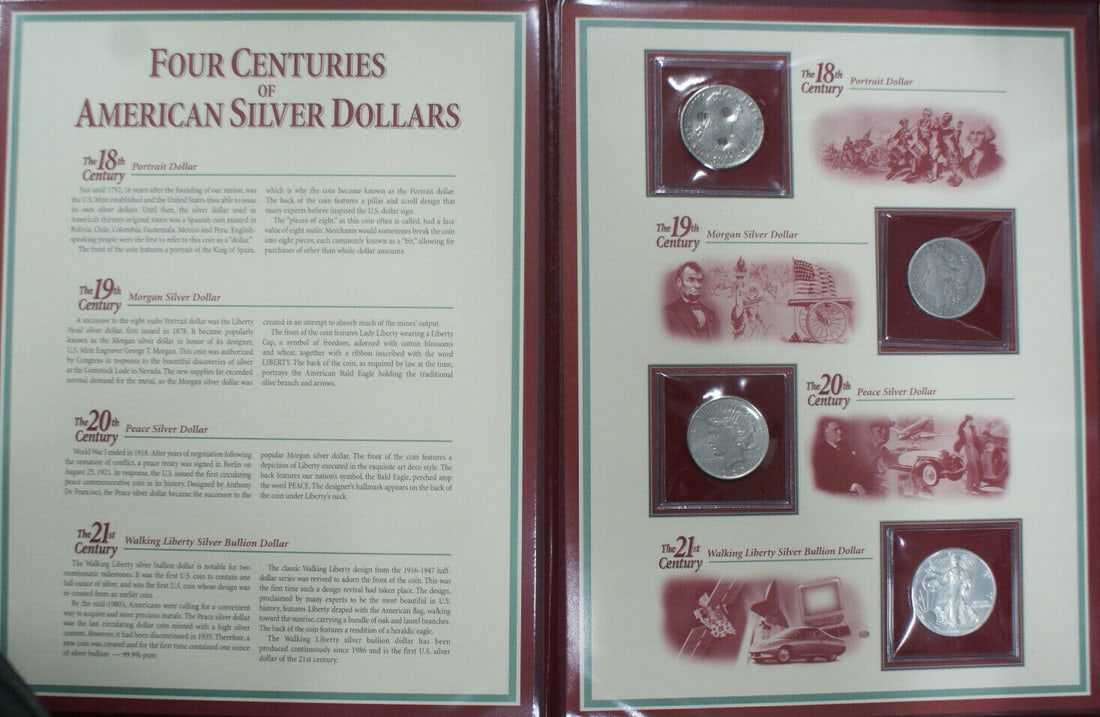 Set of Four American Silver Dollar Coins 18th to 21st Century: Set of Four American Silver Dollar Coins 18th to 21st Century This collection, titled 'Four Centuries of American Silver Dollars,' features four distinct $1 coins from the 18th to the 21st centuries. 