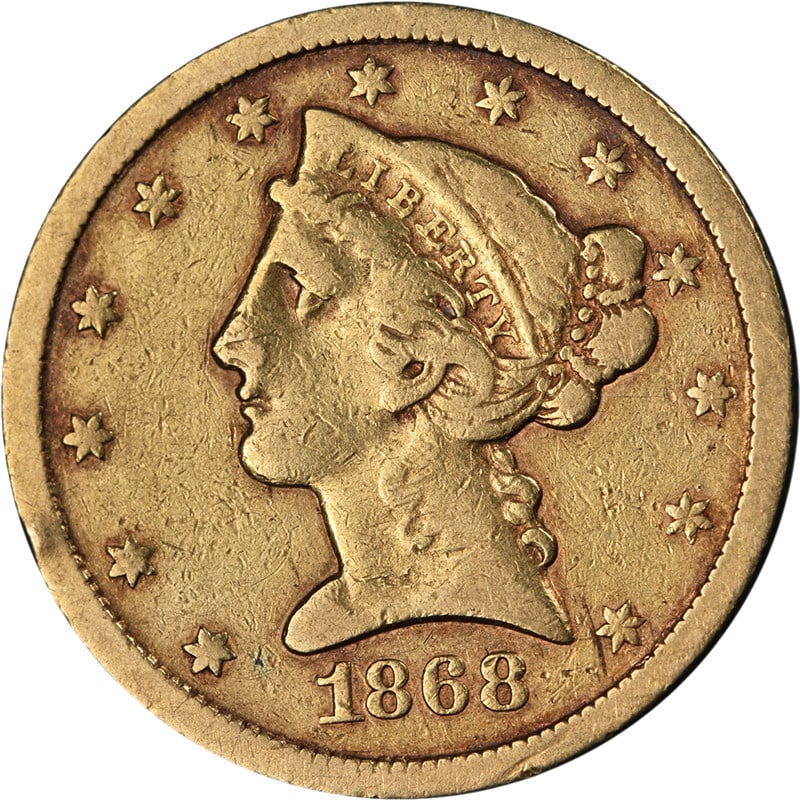1868-S $5 Liberty Gold Coin F/VF San Francisco Mint United States: 1868-S $5 Liberty Gold Coin F/VF San Francisco Mint United States This 1868-S Liberty Gold $5 coin features the Liberty Head design and was minted in San Francisco. It is composed of 90% gold and is g