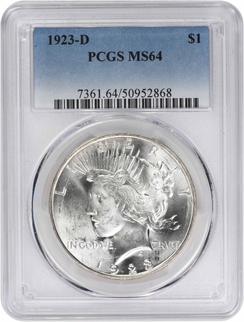 PCGS MS64 1923 Denver Peace Dollar 90 Percent Silver Coin: PCGS MS64 1923 Denver Peace Dollar 90 Percent Silver Coin This 1923-D Peace Silver Dollar is graded MS64 by PCGS and was struck at the Denver Mint. Composed of 90% silver and 10% copper, this uncircul