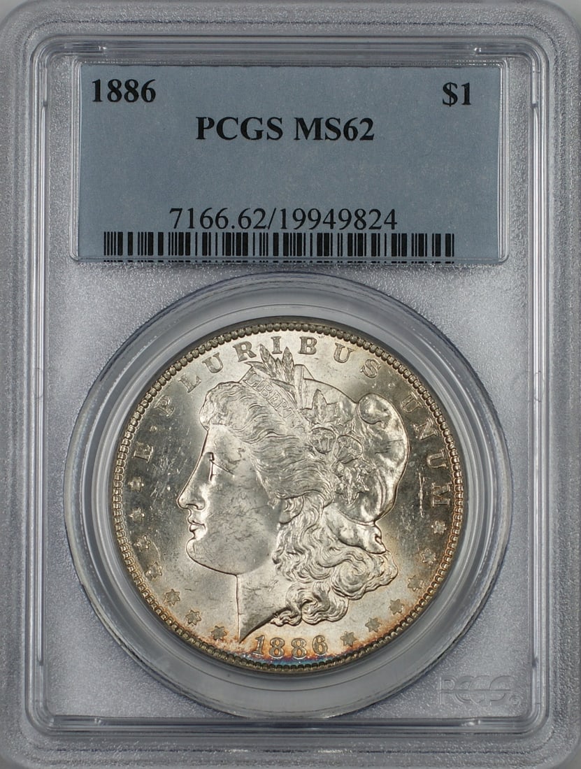 PCGS MS62 1886 Philadelphia Morgan Dollar Silver Uncirculated Coin: PCGS MS62 1886 Philadelphia Morgan Dollar Silver Uncirculated Coin This 1886 Morgan Silver Dollar is certified by PCGS with a grade of MS 62, indicating it is in uncirculated condition. The coin was m