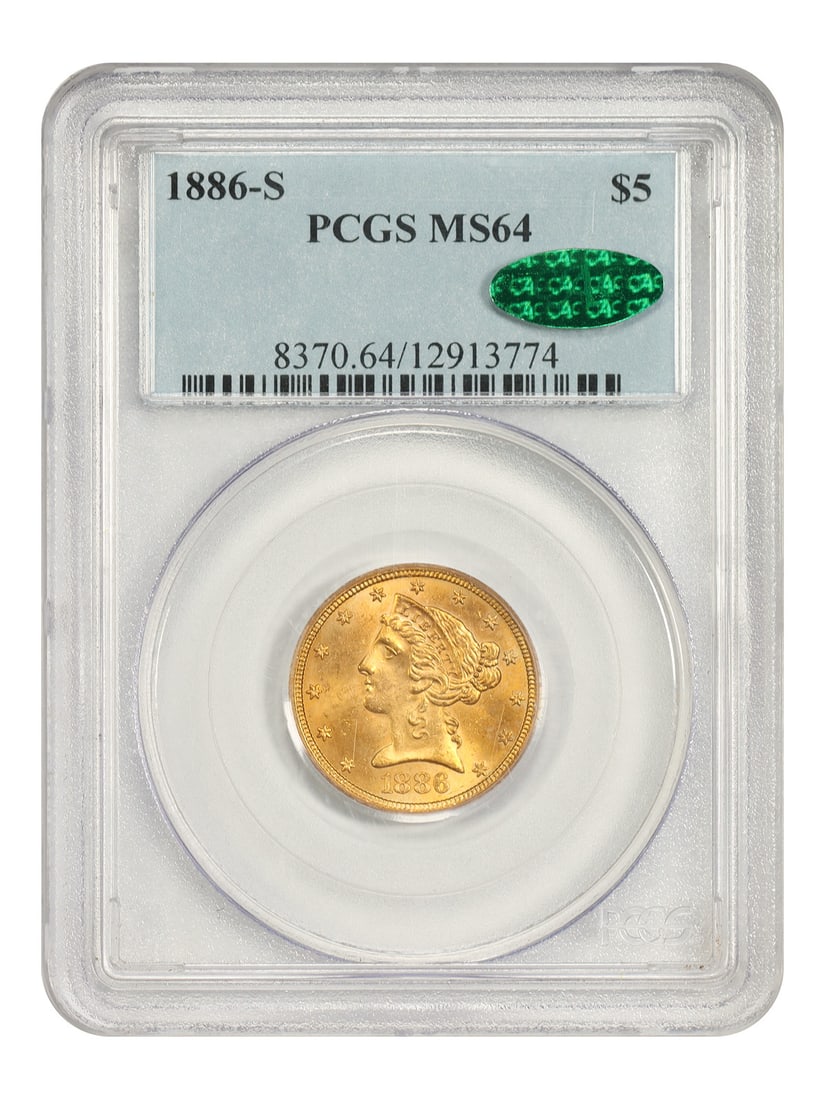 1886-S Liberty Head $5 PCGS CAC MS64 San Francisco: 1886-S Liberty Head $5 PCGS CAC MS64 San Francisco This 1886 Liberty Head $5 gold coin was minted in San Francisco and features attractive orange-gold coloration with strong luster. Certified by PCGS 