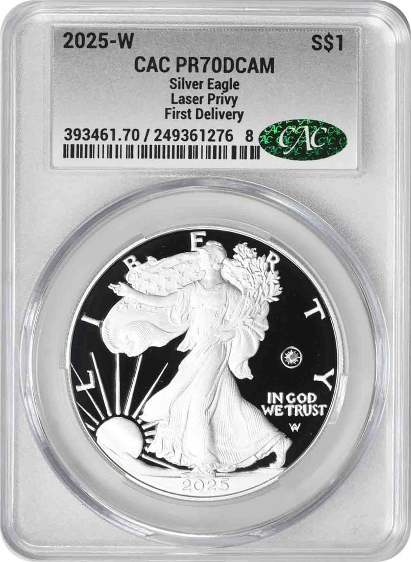 CACG PR70DCAM 2025 W American Silver Eagle Laser Privy: CACG PR70DCAM 2025 W American Silver Eagle Laser Privy This is a 2025-W $1 American Silver Eagle Proof coin featuring a laser privy mark. Graded PR70DCAM by CACG, this coin is part of the First Delive