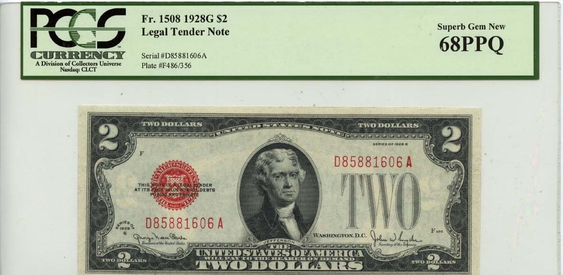 1928G $2 Legal Tender Note FR#1508 PCGS Superb Gem 68PPQ: 1928G $2 Legal Tender Note FR#1508 PCGS Superb Gem 68PPQ This 1928G $2 Legal Tender Note, designated as FR#1508, boasts a remarkable grade of PCGS Superb Gem 68PPQ, a testament to its outstanding cond