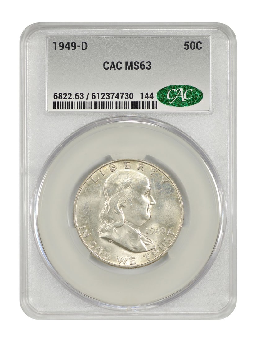 1949-D Franklin Half Dollar CACG MS63 Certified Uncirculated: 1949-D Franklin Half Dollar CACG MS63 Certified Uncirculated This 1949-D Franklin Half Dollar is a select example graded MS63 by CACG. Struck at the Denver Mint, this uncirculated coin is part of the 