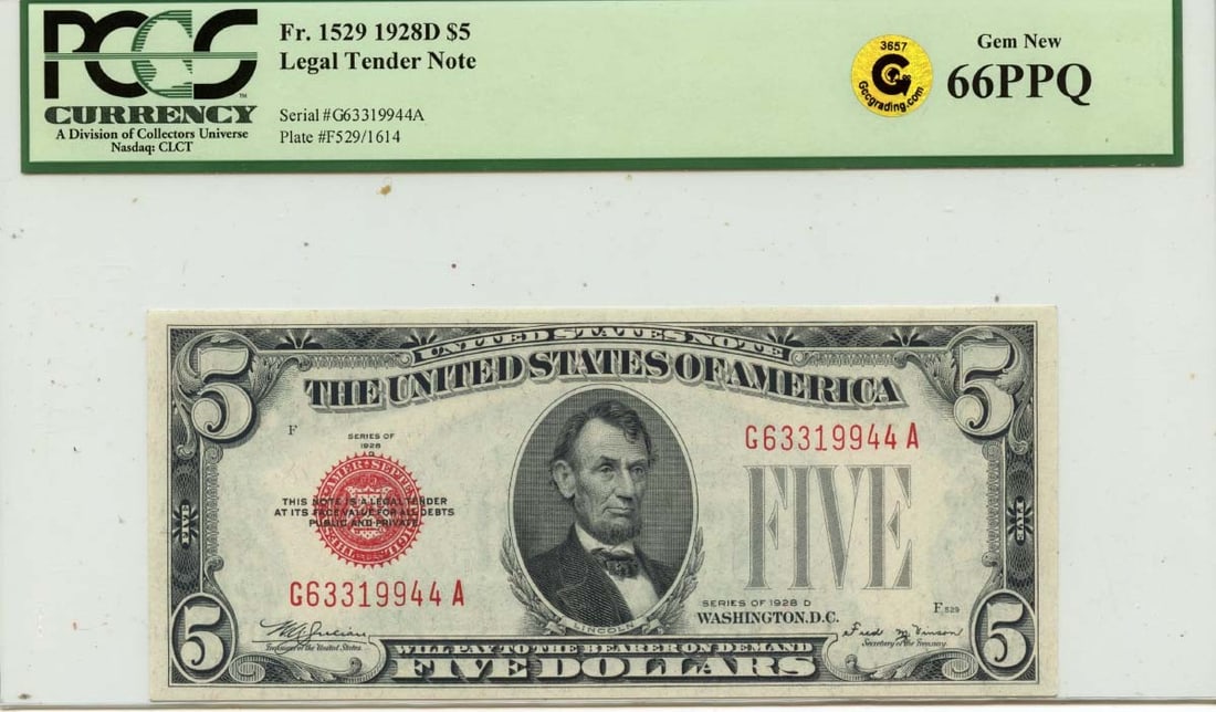 PCGS MS66 1928D $5 United States Legal Tender Note FR1529 (1 of 2)