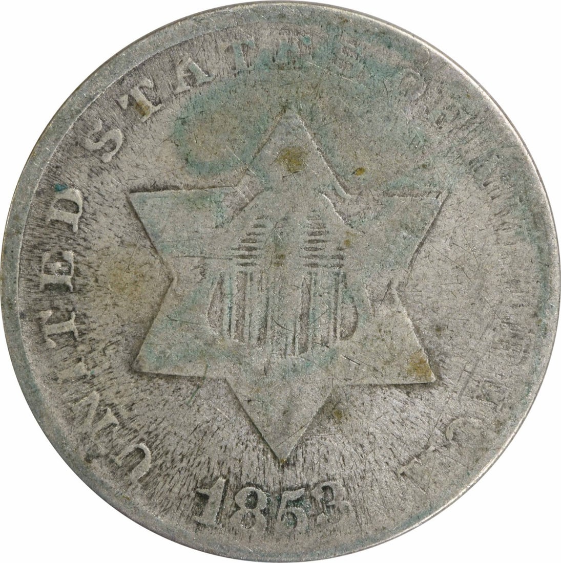 1853 Three Cent Silver Coin VG Uncertified Philadelphia Mint: 1853 Three Cent Silver Coin VG Uncertified Philadelphia Mint This 1853 Three Cent Silver coin is a remarkable piece of American numismatic history. Originating from the United States, this circulated 