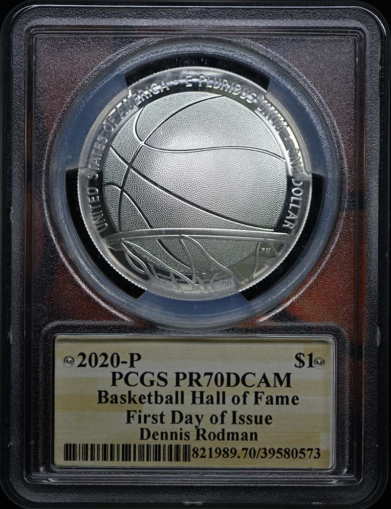 2020-P D Rodman Signed Silver Basketball Coin PCGS PR70DCAM: 2020-P D Rodman Signed Silver Basketball Coin PCGS PR70DCAM This exquisite 2020-P $1 Silver Basketball Coin features the iconic design commemorating basketball and is signed by the legendary Dennis Ro
