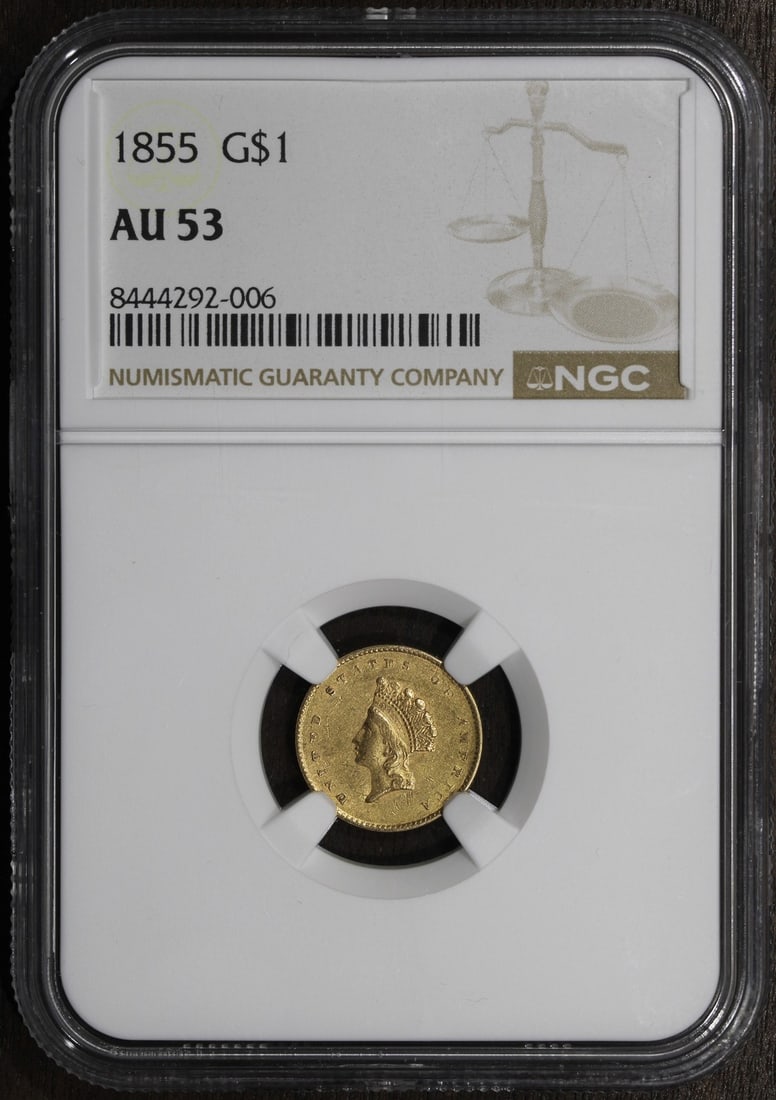 NGC AU53 1855 Type 2 Indian Princess Gold Dollar: NGC AU53 1855 Type 2 Indian Princess Gold Dollar This 1855 Type 2 Indian Princess Gold Dollar is a pre-owned United States coin, graded AU53 by NGC. Struck in Philadelphia, it is composed of 90% gold 