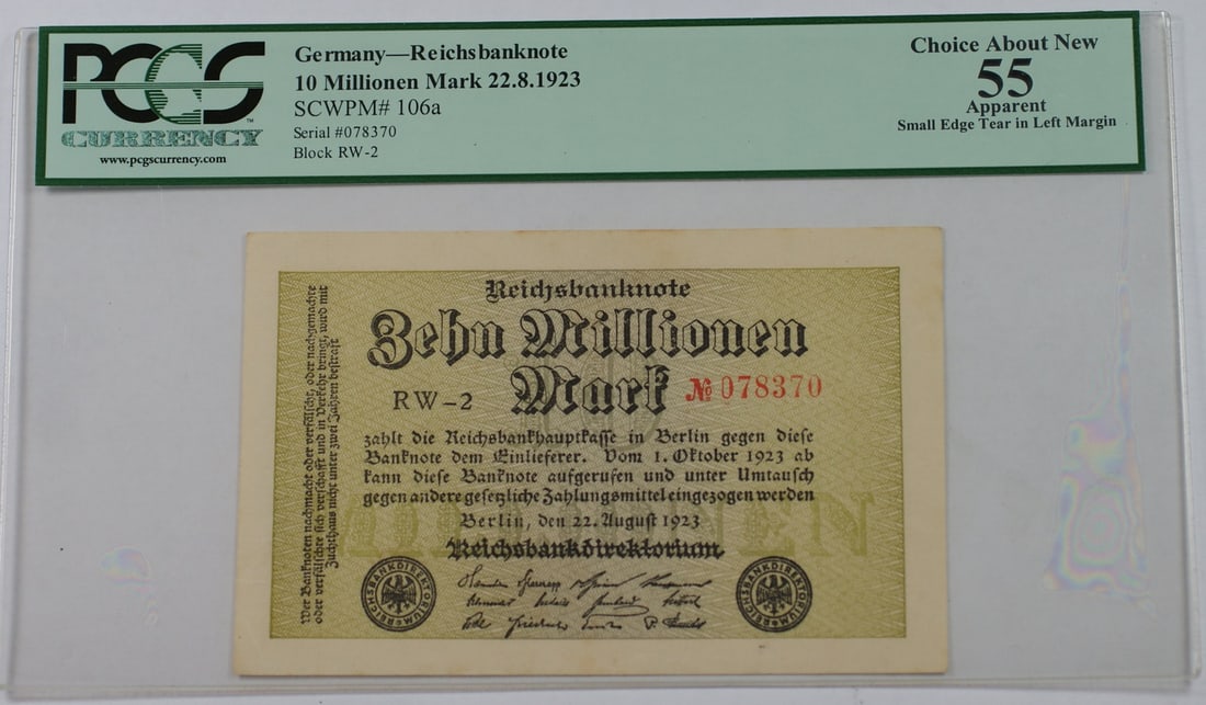 Germany 1923 10 Millionen Reichsbanknote PCGS 55 Apparent Banknote: Germany 1923 10 Millionen Reichsbanknote PCGS 55 Apparent Banknote This 1923 Germany 10 Millionen Reichsbanknote is a circulated banknote certified by PCGS Currency with a grade of 55 Choice About New