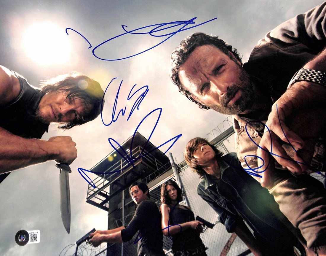 11x14 Photo Signed by Five Walking Dead Cast Members Beckett Authenticated: 11x14 Photo Signed by Five Walking Dead Cast Members Beckett Authenticated This is an original 11x14 color photograph from the TV series The Walking Dead, autographed by cast members Andrew Lincoln, N