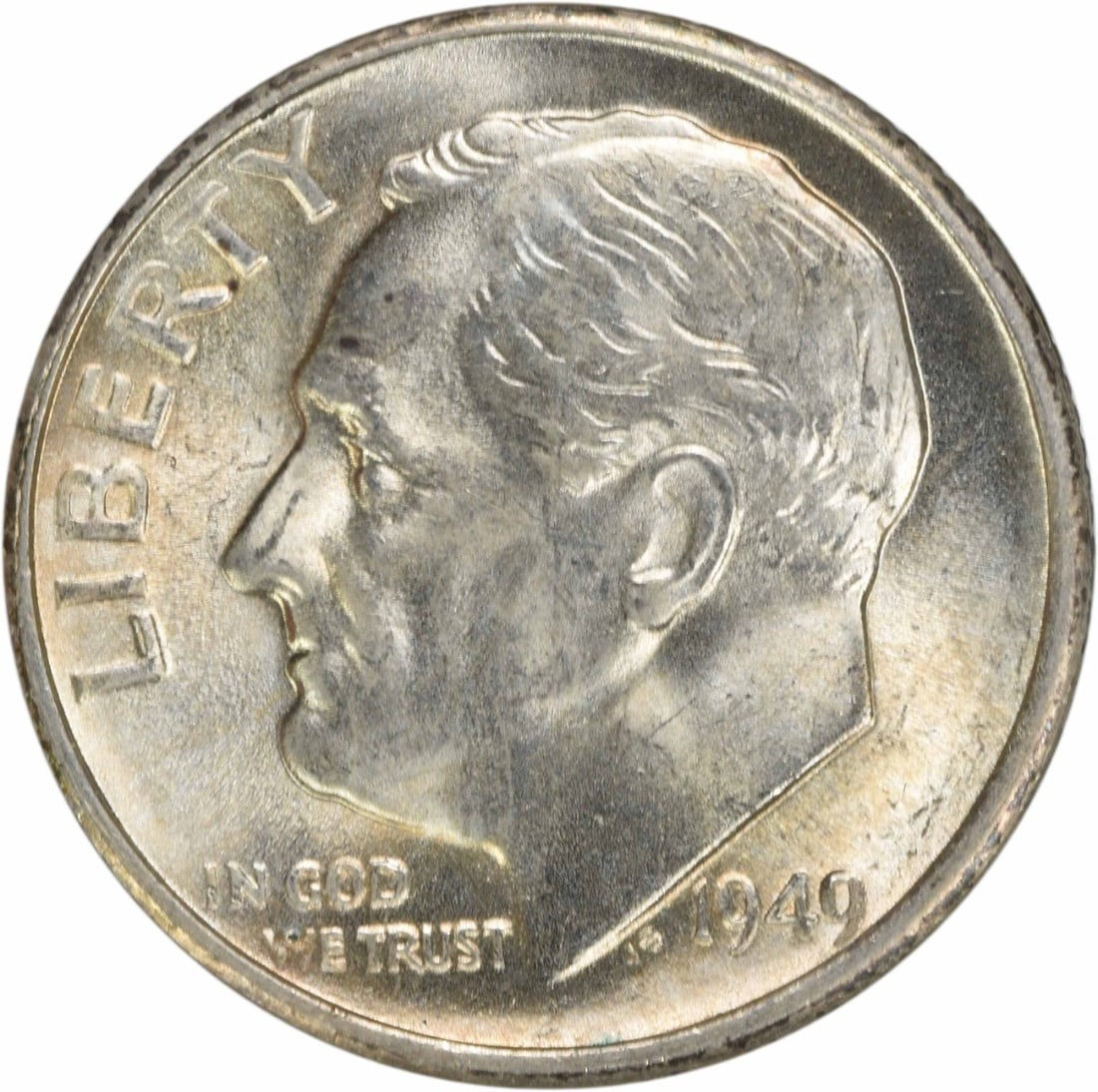 1949-S Silver Roosevelt 10C Choice BU Uncertified: 1949-S Silver Roosevelt 10C Choice BU Uncertified This 1949 Roosevelt Silver Dime is an uncirculated coin, graded as Choice BU+. It is composed of silver and has a denomination of 10 cents. The coin i