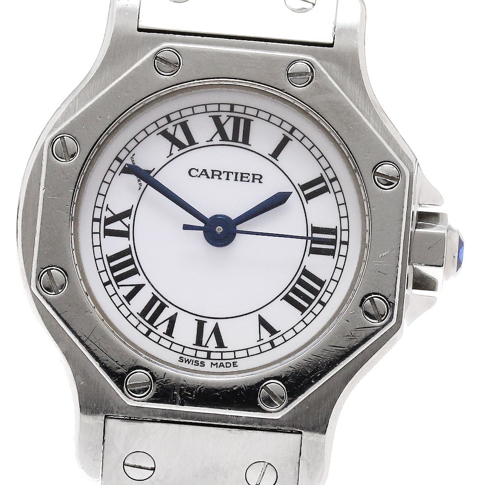 Cartier Santos Octagon Lady Automatic Steel White Dial Watch: Cartier Santos Octagon Lady Automatic Steel White Dial Watch This is a Cartier Santos Octagon SM automatic wristwatch designed for women. It features a white dial and is crafted from stainless steel. 
