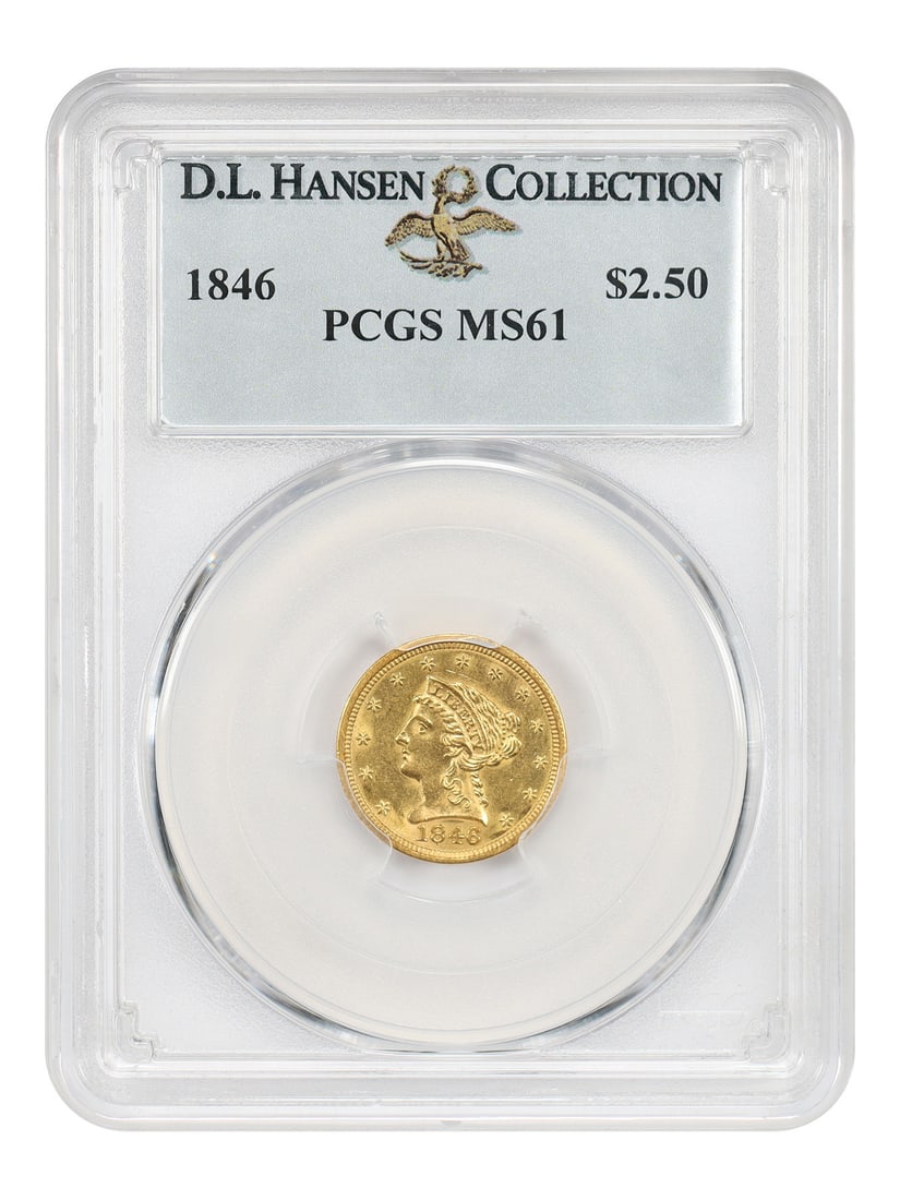 PCGS MS61 1846 Liberty Head $2.50 Gold Coin: PCGS MS61 1846 Liberty Head $2.50 Gold Coin This is an 1846 Liberty Head $2.50 gold coin, graded MS61 by PCGS. Struck at the Philadelphia Mint, this uncirculated coin features bright lemon-gold surfac