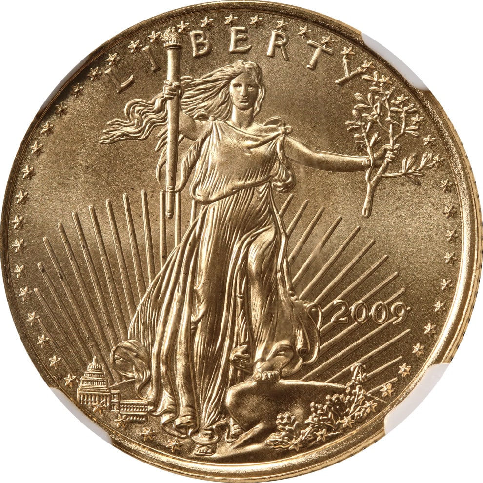 2009 $10 Gold Eagle Coin NGC MS70 With Box and Certificate: 2009 $10 Gold Eagle Coin NGC MS70 With Box and Certificate This 2009 Gold American Eagle $10 coin is certified by NGC with a perfect grade of MS70. It originates from a mint-sealed box and includes bo