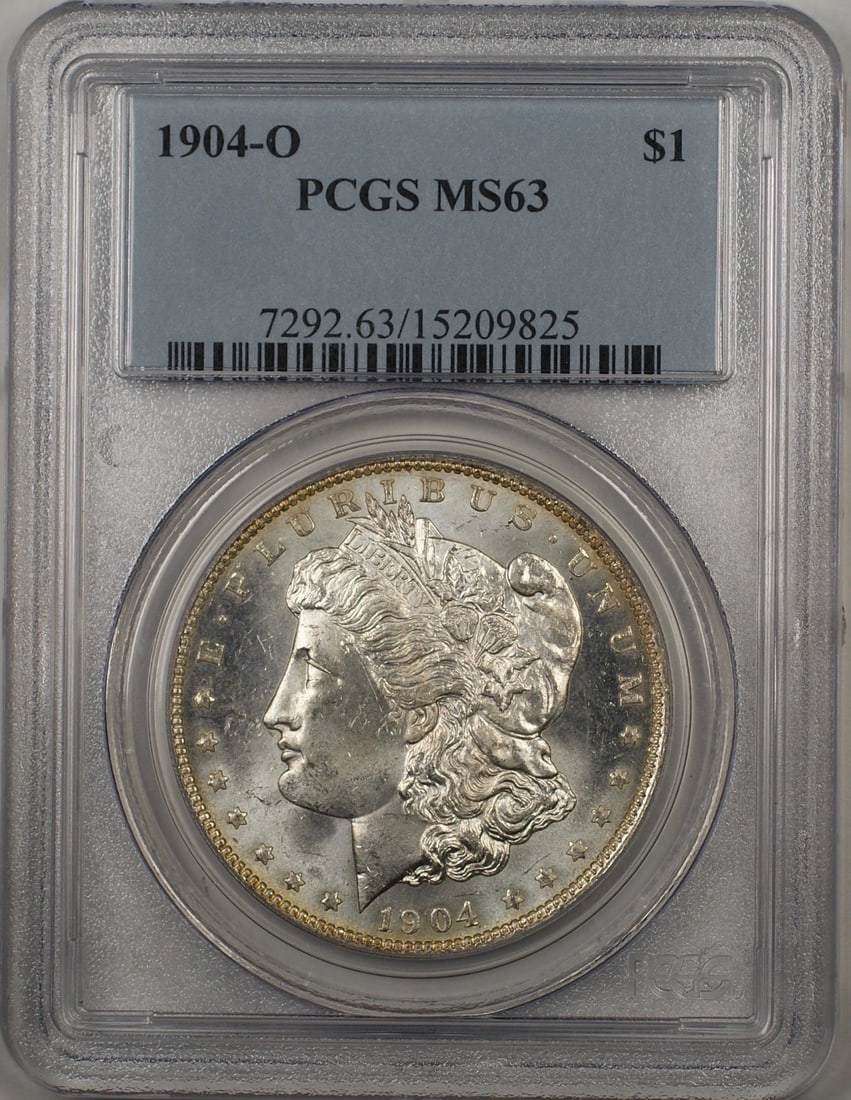 PCGS MS63 1904-O Morgan silver dollar: PCGS MS63 1904-O Morgan silver dollar This 1904-O Morgan Silver Dollar is a $1 coin from the United States, minted in New Orleans. It is composed of silver and has been graded MS-63 by PCGS, indicatin