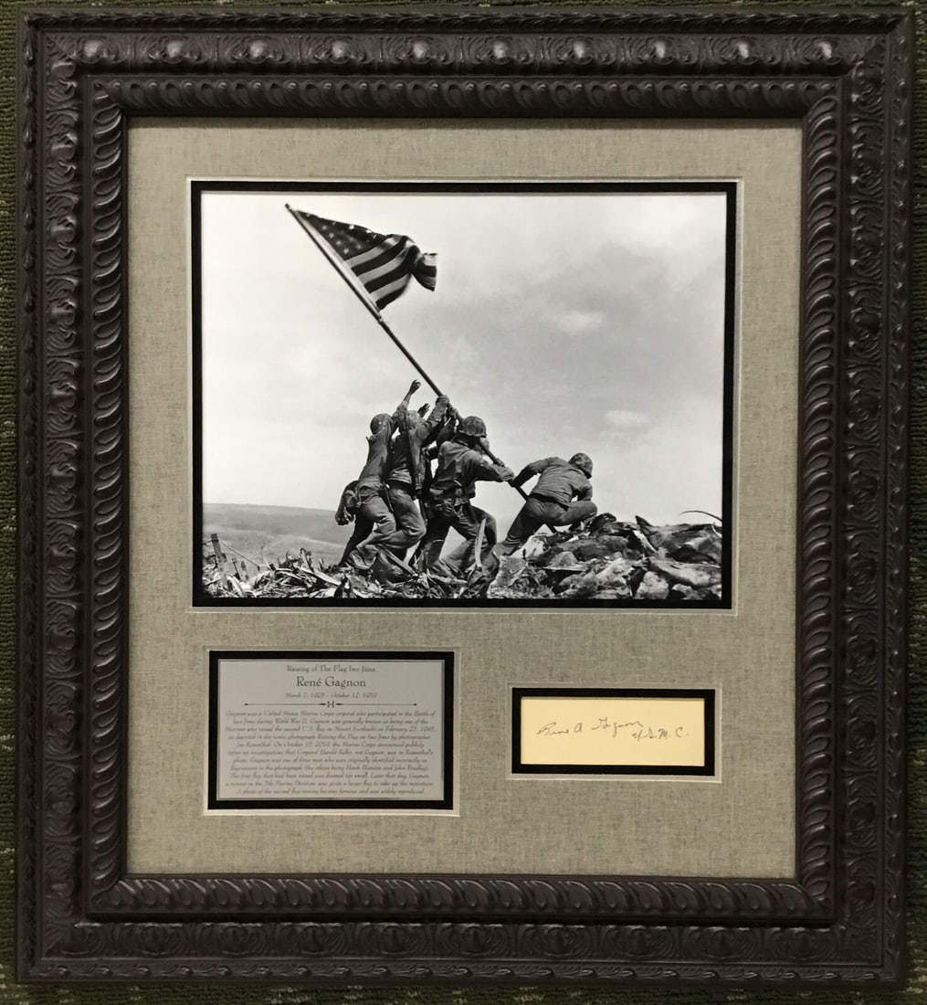 Rene Gagnon Iwo Jima Flag Raiser Signed Framed Display PSA Authenticated: Rene Gagnon Iwo Jima Flag Raiser Signed Framed Display PSA Authenticated This remarkable custom framed display features the signature of Rene Gagnon, a U.S. Marine who was part of the iconic flag-rais