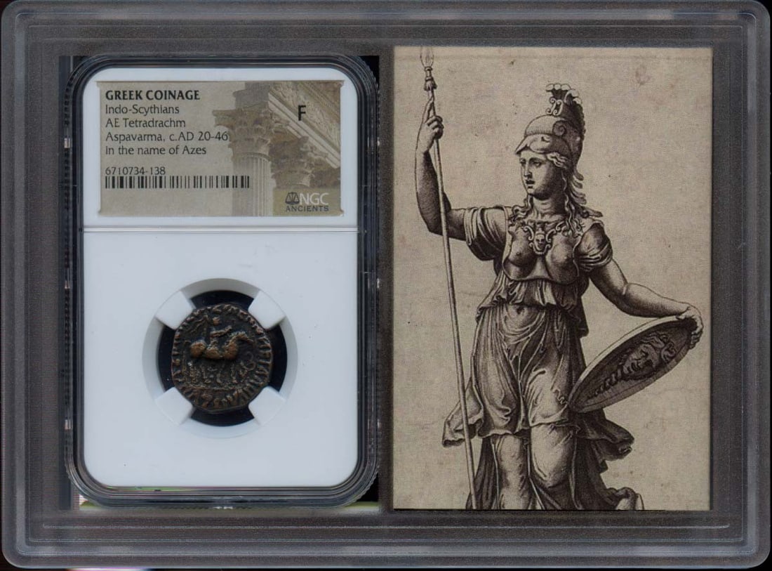 Aspavarma Indo Scythian bronze tetradrachm NGC F12: Aspavarma Indo Scythian bronze tetradrachm NGC F12 This is an Aspavarma Indo-Scythians BI Tetradrachm coin dating from approximately AD 20-46. The coin is certified by NGC with a grade of Fine 12 and 